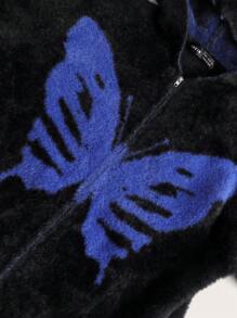 SHEIN EZwear 蝴蝶樣式拉鏈開襟連帽短款開衫 - 黑色 - 查看 3