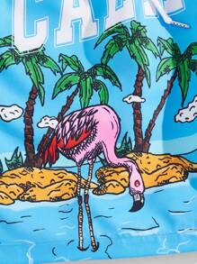 ROMWE MEN Street Life Pantalones Cortos Para Hombres Con Cintura Ajustable Y Estampado De Letras Y Árboles De Palma - Celeste - Ver 3