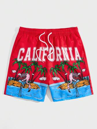 Street Life Pantalones Cortos Con Cintura De Cordón Y Estampado De Letras Y Palmeras Para Hombres