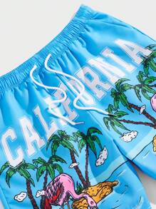 ROMWE MEN Street Life Pantalones Cortos Para Hombres Con Cintura Ajustable Y Estampado De Letras Y Árboles De Palma - Celeste - Ver 4