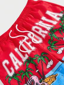 ROMWE MEN Street Life Spring/Summer Beach Vacation Graphic Red Men Letter & Palm Tree Print Drawstring Waist Shorts - Red - View 4