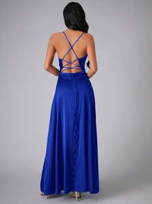 SHEIN Belle Crisscross Backless Wrap Hem Cami Dress - Blue - View 6