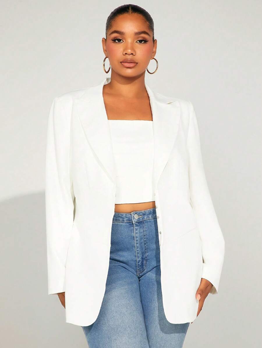SHEIN SXY 大碼西裝領鉤眼扣西裝外套 - 白色 - 查看 1