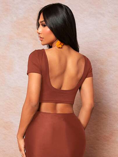 SHEIN SXY 性感露背 羅紋針織純色女士T恤