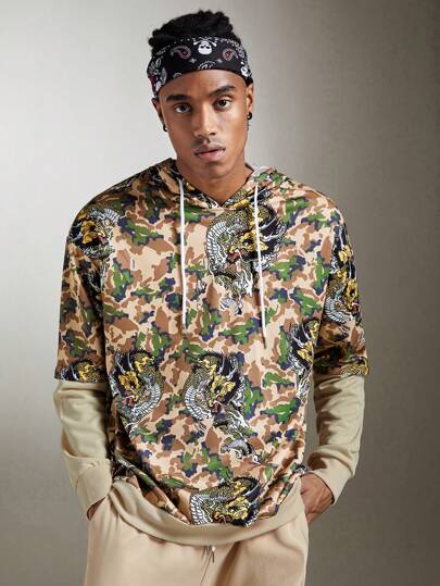 Street Life Hombres Capucha de camuflaje con estampado de dragón con cordón