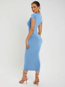 SHEIN SXY Solid Round Neck Bodycon Dress - Baby Blue - View 2