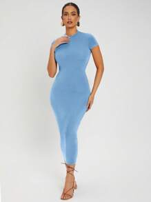 SHEIN SXY Solid Round Neck Bodycon Dress - Baby Blue - View 3
