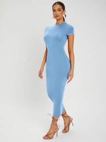 SHEIN SXY Solid Round Neck Bodycon Dress - Baby Blue - View 5