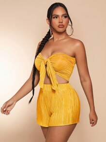 SHEIN SXY 前繫帶抹胸上衣&短褲 - 黃色 - 查看 5
