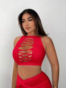 SHEIN SXY 前鏤空短款背心 - 紅色 - 查看 3