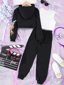SHEIN 女大童火&蝴蝶圖案短款連帽衫和運動褲&背心上衣 - 黑色 - 查看 2
