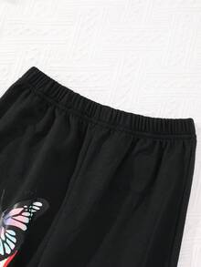 SHEIN 女大童火&蝴蝶圖案短款連帽衫和運動褲&背心上衣 - 黑色 - 查看 6