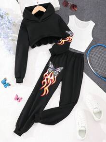 SHEIN 女大童火&蝴蝶圖案短款連帽衫和運動褲&背心上衣 - 黑色 - 查看 8