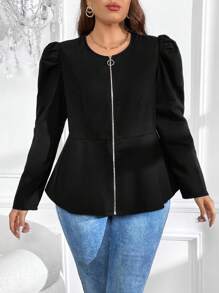 SHEIN Clasi Plus Puff Sleeve Zip Up Peplum Jacket - Black - View 5