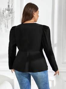 SHEIN Clasi Plus Puff Sleeve Zip Up Peplum Jacket - Black - View 2