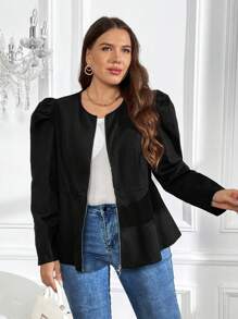 SHEIN Clasi Plus Puff Sleeve Zip Up Peplum Jacket - Black - View 3