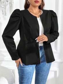 SHEIN Clasi Plus Puff Sleeve Zip Up Peplum Jacket - Black - View 4