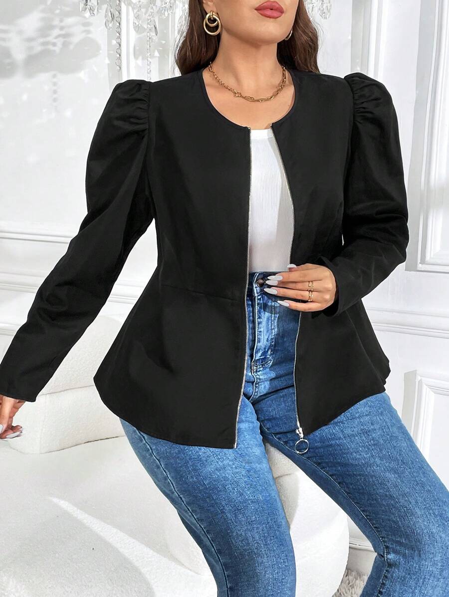 SHEIN Clasi Plus Puff Sleeve Zip Up Peplum Jacket - Black - View 1