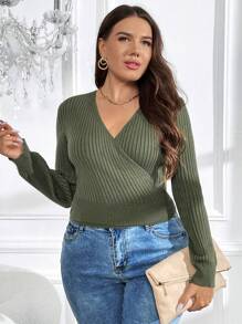 SHEIN Clasi Plus Tie Back Ribbed Knit Sweater - Green - View 2