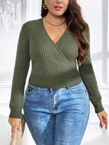 SHEIN Clasi Plus Tie Back Ribbed Knit Sweater - Green - View 3