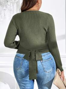 SHEIN Clasi Plus Tie Back Ribbed Knit Sweater - Green - View 1