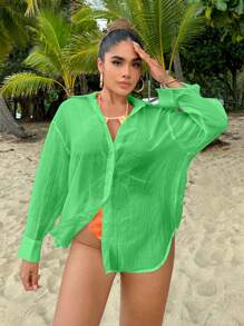 SHEIN SXY Drop Shoulder Button Front Shirt Without Bra - Green - View 1