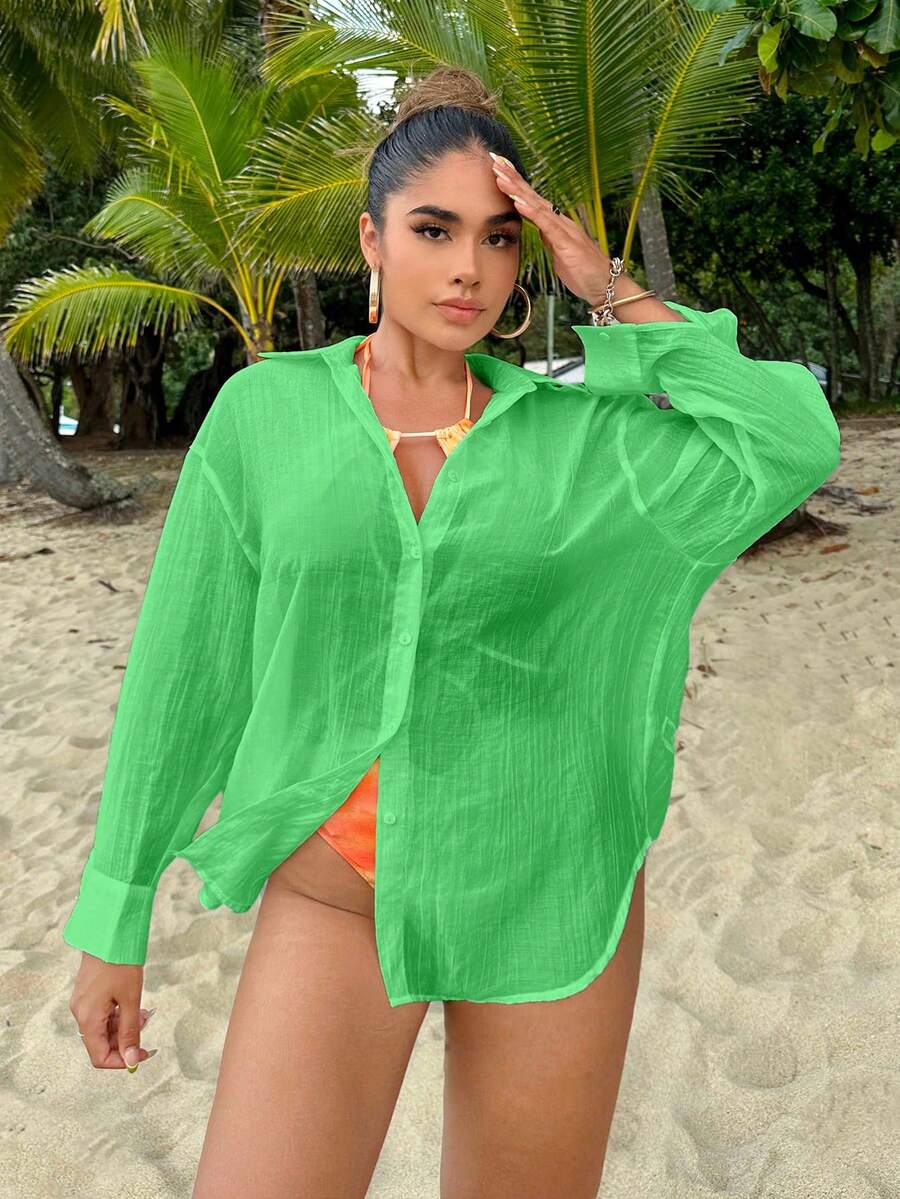 SHEIN SXY Drop Shoulder Button Front Shirt Without Bra - Green - View 1