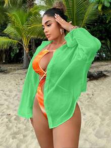 SHEIN SXY Drop Shoulder Button Front Shirt Without Bra - Green - View 5