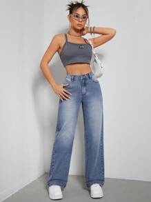 SHEIN EZwear Rách Quần legging thẳng - Rửa nhẹ - Xem 2