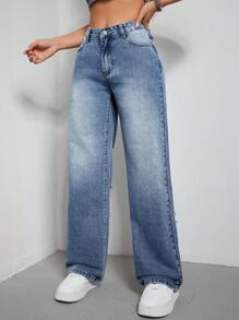 SHEIN EZwear Rách Quần legging thẳng - Rửa nhẹ - Xem 3