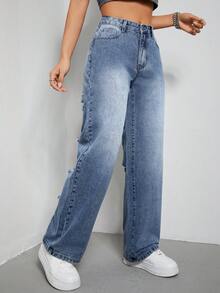 SHEIN EZwear Rách Quần legging thẳng - Rửa nhẹ - Xem 5