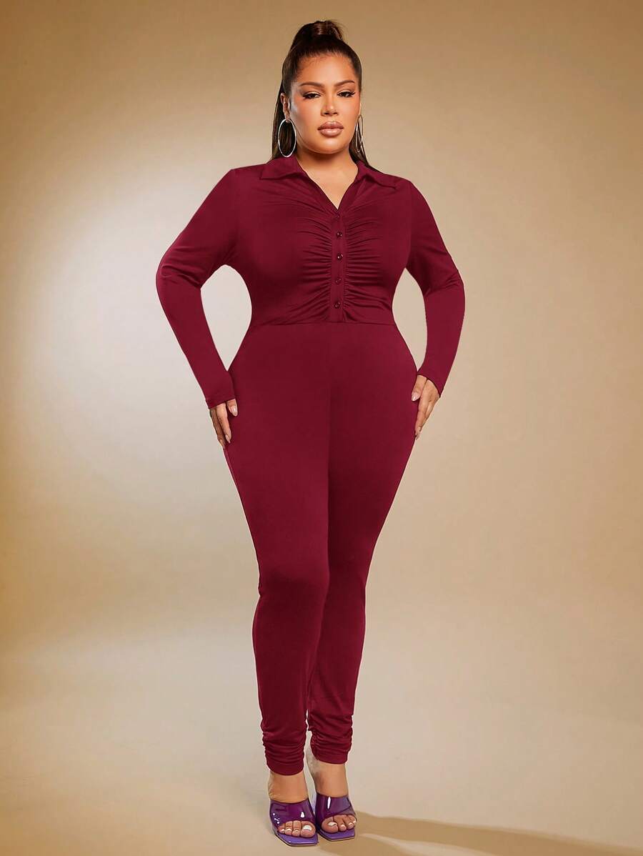 SHEIN SXY 大碼前收褶彈力緊身連體褲 - 酒紅色 - 查看 1