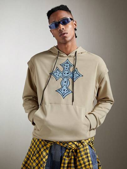 Street Life Hombres Capucha cruzado con estampado con bolsillo de canguro con cordón