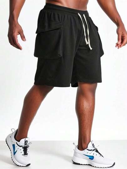 男士翻盖口袋抽绳腰运动短裤黑色运动裤