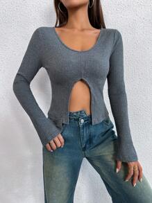 SHEIN Unity Camiseta unicolor bajo con abertura - Gris - Ver 1
