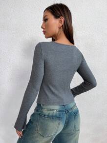 SHEIN Unity Camiseta unicolor bajo con abertura - Gris - Ver 2