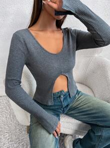 SHEIN Unity Camiseta unicolor bajo con abertura - Gris - Ver 4