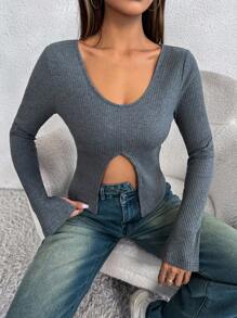 SHEIN Unity Camiseta unicolor bajo con abertura - Gris - Ver 5