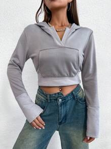 SHEIN Unity 袋鼠口袋短款連帽衛衣 - 灰色 - 查看 1