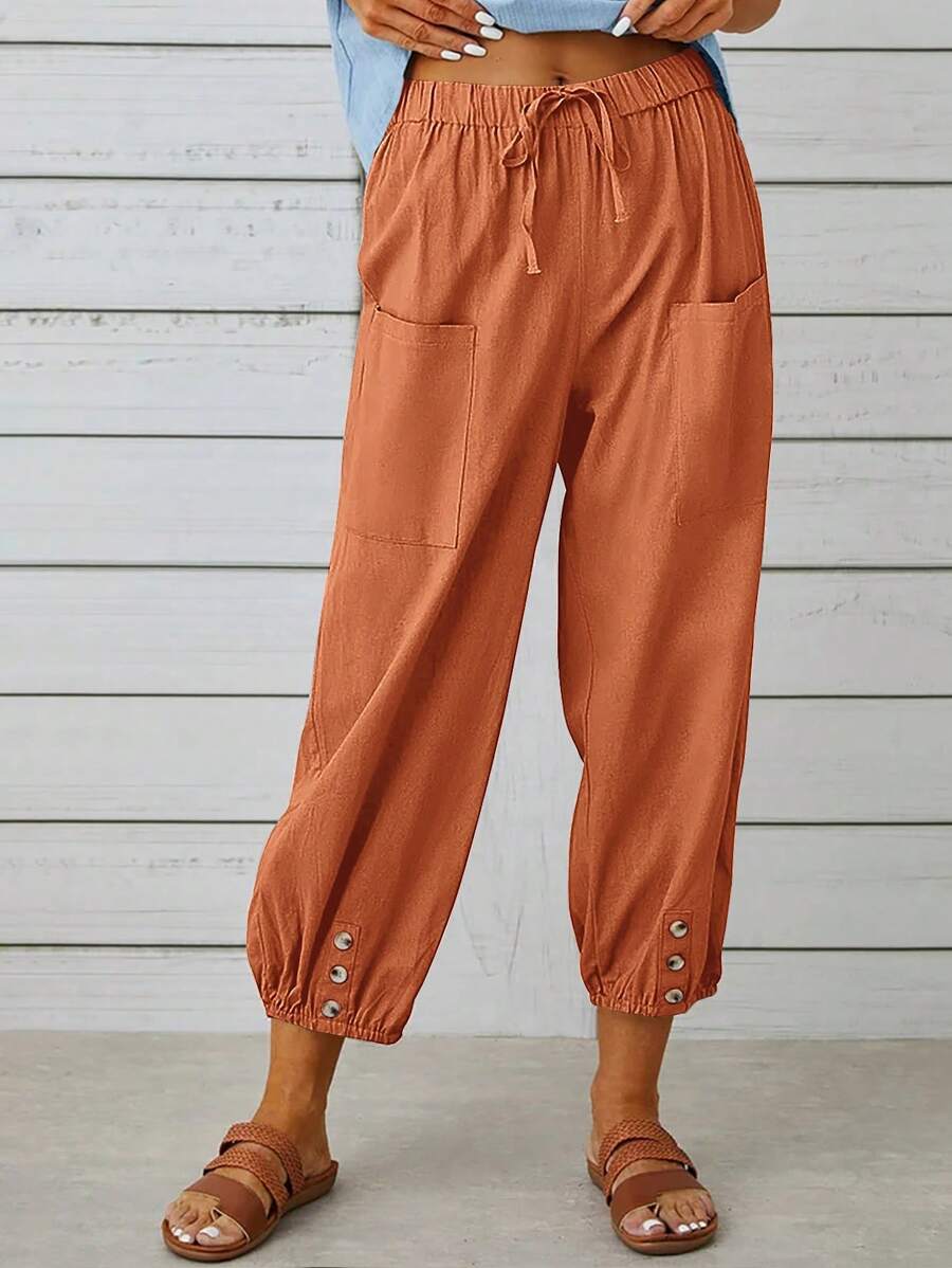 Button Detail Knot Front Dual Pocket Trousers - Orange - View 1
