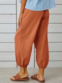 Button Detail Knot Front Dual Pocket Trousers - Orange - View 2