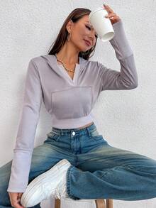 SHEIN Unity 袋鼠口袋短款連帽衛衣 - 灰色 - 查看 4