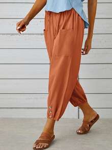 Button Detail Knot Front Dual Pocket Trousers - Orange - View 3