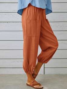 Button Detail Knot Front Dual Pocket Trousers - Orange - View 4