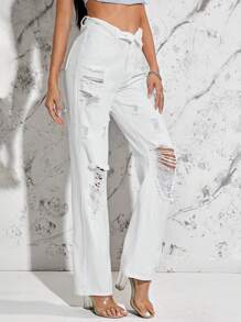 SHEIN Essnce 破洞直筒牛仔褲 - 白色 - 查看 3