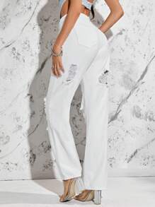 SHEIN Essnce 破洞直筒牛仔褲 - 白色 - 查看 2