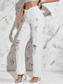 SHEIN Essnce 破洞直筒牛仔褲 - 白色 - 查看 4