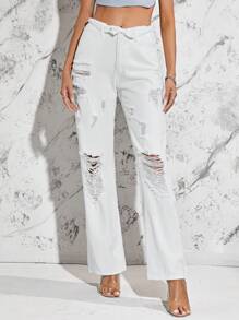 SHEIN Essnce 破洞直筒牛仔褲 - 白色 - 查看 6