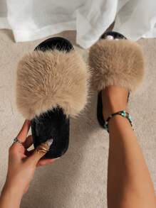 Women's Autumn/Winter Home Plush Flat Slippers With Strap