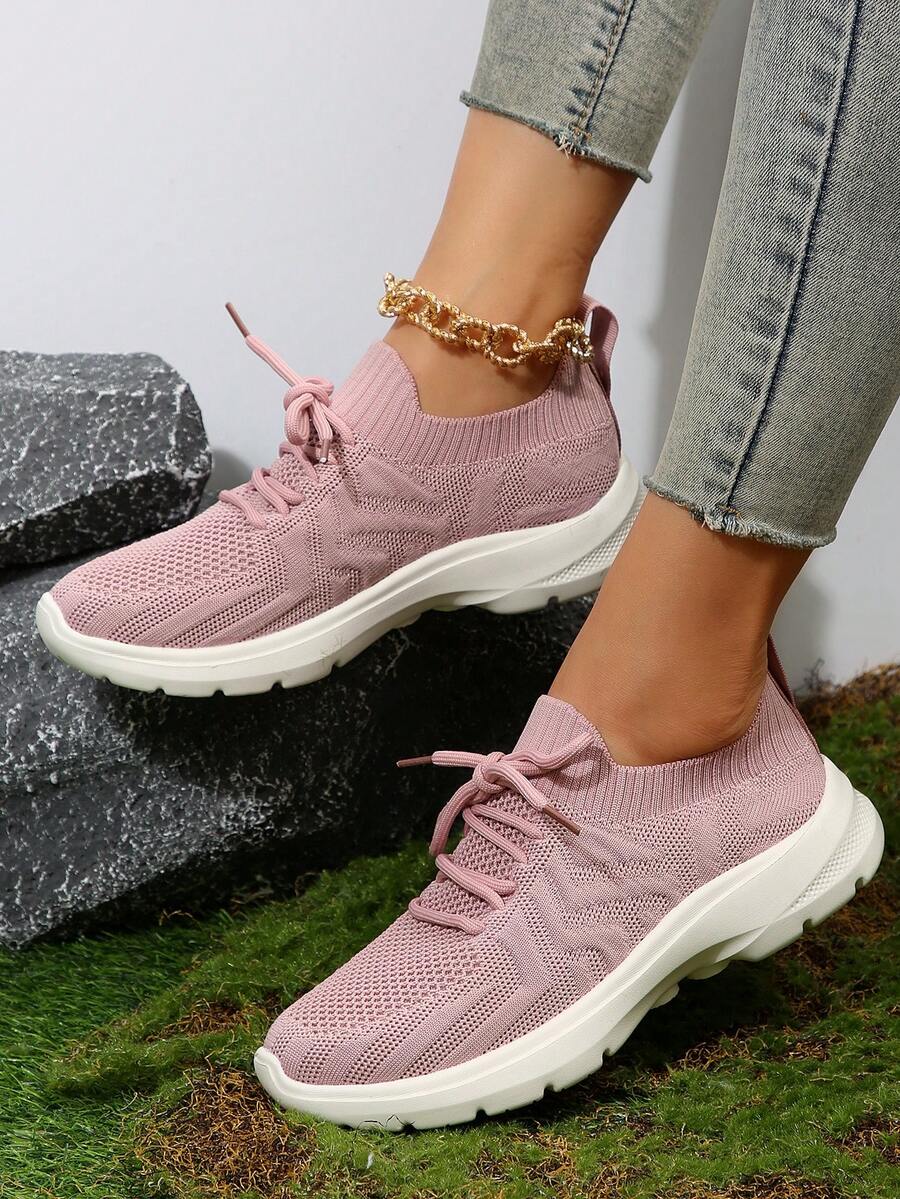 Fashion Knitted Breathable Sports Shoes, Outdoor Comfortable Sneakers - Pink - View 1